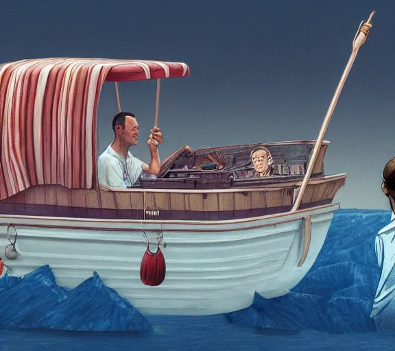 Prompt: Tom hanks as forrest gump sitting in a giant shrimp boat, majestic beautiful world, digital art, hyper detailed, artstation, in the style of maurice sendak