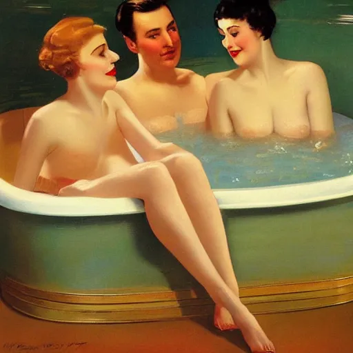 Image similar to three friends in a tub, art by edward mason eggleston, olivia, coby whitmore, rolf armstrong, wlop