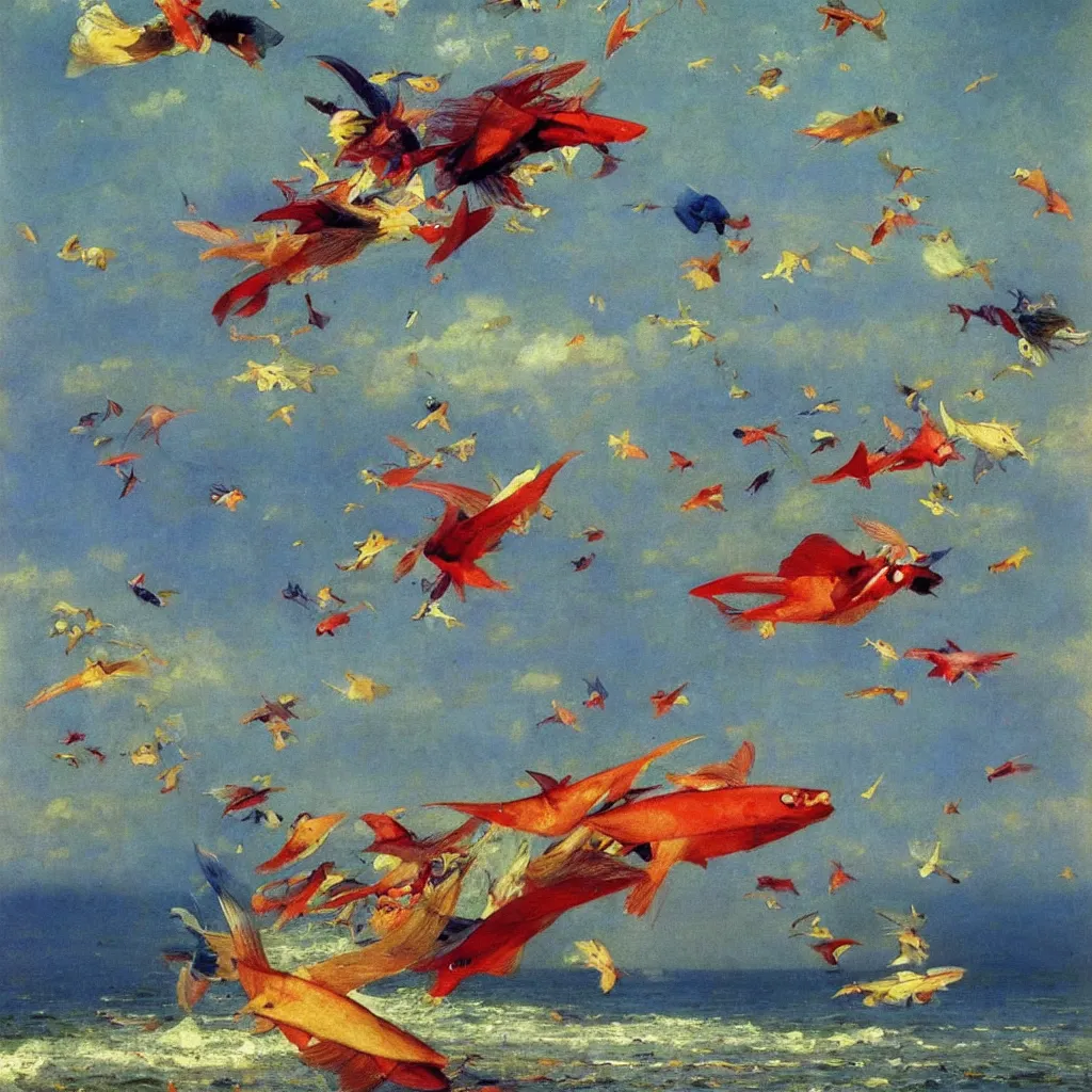 Prompt: colorful zepplins shaped life fish flying in the air, 1905, colorful highly detailed oil on canvas, by Ilya Repin