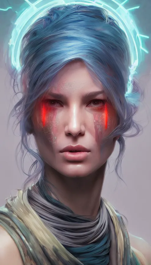 Image similar to I have no mouth and i want to scream, cyberpunk angry gorgeous druid, neon, fibonacci, sweat drops, insane, intricate, highly detailed, digital painting, artstation, concept art, smooth, sharp focus, illustration, Unreal Engine 5, 8K, art by artgerm and greg rutkowski and alphonse mucha