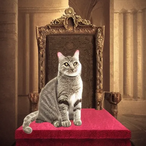 Image similar to cat crowned sitted on throne, castle environment, digital art