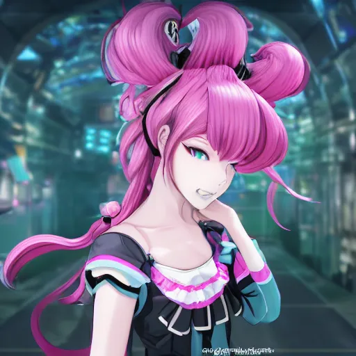 Image similar to stunningly beautiful omnipotent megalomaniacal anime asi goddess who looks like junko enoshima with symmetrical perfect face and porcelain skin, pink twintail hair and cyan eyes, traps you inside her inescapable vr castle where she controls you completely!!!, hyperdetailed, digital art from danganronpa, unreal engine 5, 8 k