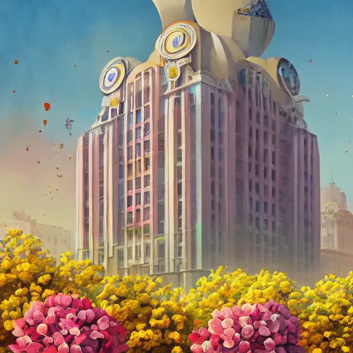 Image similar to painting of an art deco building surrounded by flowers, a watercolor and matte painting by beeple and rhads and mark keathley, wes anderson, cgsociety, artdeco!!, dystopian art, retrofuturism, sci - fi, artstation hq