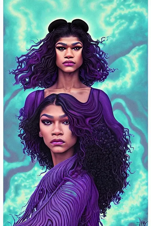 Image similar to zendaya with wavy dark purple hair coming out of the abyss with a panther on her shoulder, ultrafine hyperrealistic fantasy oil painting, art by ida outhwaite and loish, dreamy, surreal, trending on artstation, dungeons and dragons, intricate linework, sharp focus, smooth, unreal engine, dramatic lighting, 8 k,