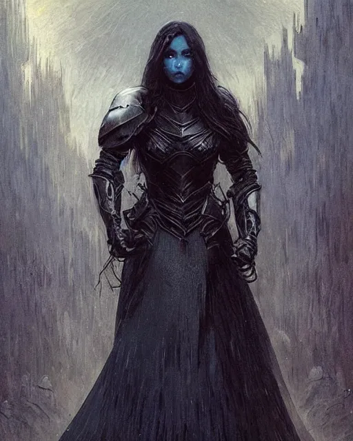 Image similar to a beautiful woman dark hair in an armor with dark eyes, elegant, dark blue, ethereal horror fantasy art by greg rutkowski and magali villeneuve and claude monet