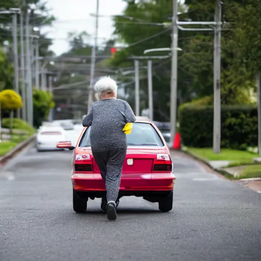 Prompt: nursing home clients running down the street find a car and start to drive. shallow depth of field. very dark and stormy