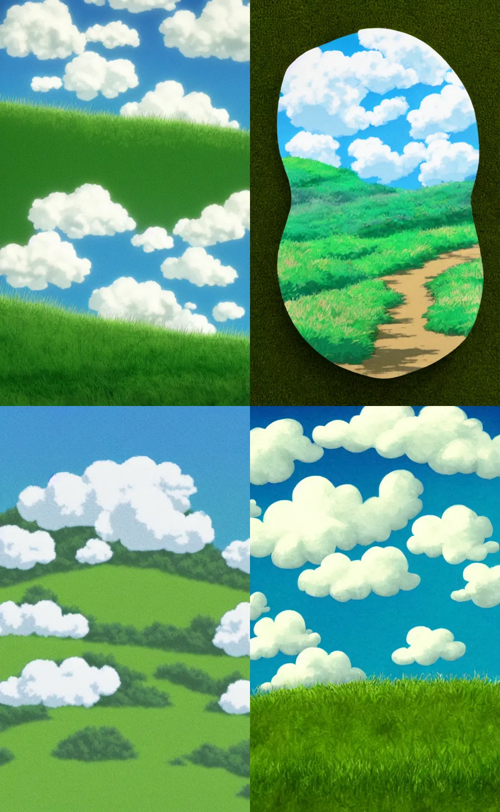 Prompt: fluffy clouds over a grassy hill in the style of studio ghibli