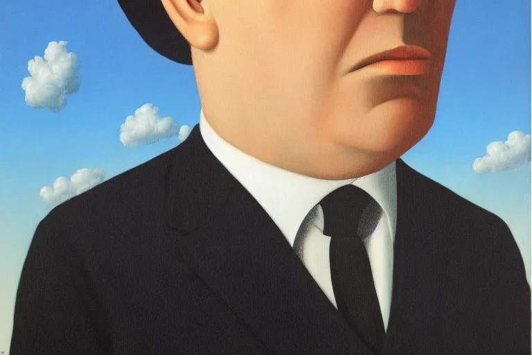 Image similar to portrait of man in a suit that has clouds instead of head by rene magritte, detailed painting, hd, hq, high resolution, high detail, 4 k, 8 k