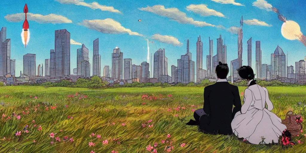 Prompt: a couple in victorian formal attire sitting in grass in front of a skyline of huge buildings watching a rocket launch into orbit, painting in the style of studio ghibli, 4 k