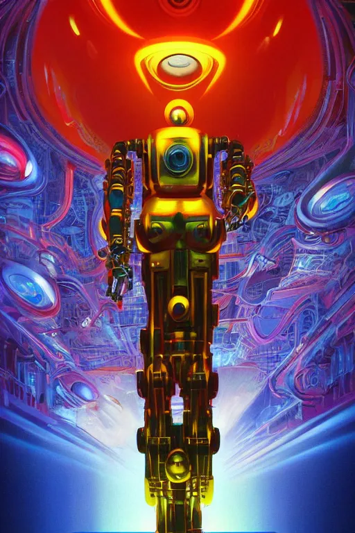 Prompt: ultradetailed retro-futurist illustration of an ornate menacing robot radiating glowing color, digital airbrush painting, hyperrealistic masterpiece, artstation, cgsociety, golden ratio
