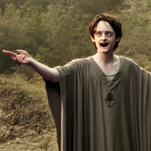 Image similar to Elijah Wood as Harry Potter casting a spell, wizard, robe, wand