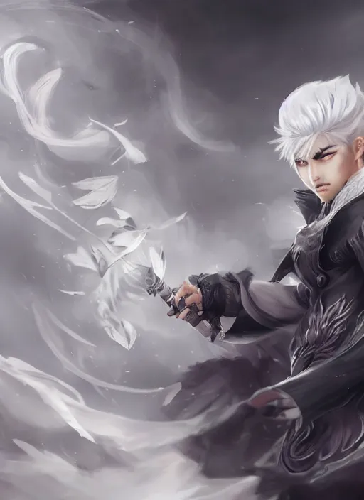 Image similar to a highly detailed illustration of fierce white haired parted through the middle young attractive asian man, wearing hakama, with black sclera eyes, heroically battle posing, intricate, elegant, highly detailed, centered, digital painting, artstation, concept art, smooth, sharp focus, league of legends concept art, WLOP