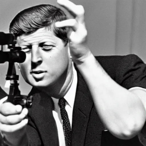 Prompt: John Kennedy holding a sniper and self aiming at the 1963 bombing, polaired