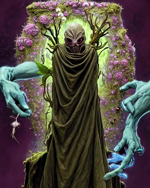 Image similar to the platonic ideal of flowers, rotting, moss, insects, pearls and praying of cletus kasady ultimate carnage thanos dementor doctor manhattan chtulu nazgul davinci, detailed, intricate, hyperrealism, cinematic composition, intense, scary, decay, dmt, art by brock hofer and artgerm and greg rutkowski and alphonse mucha