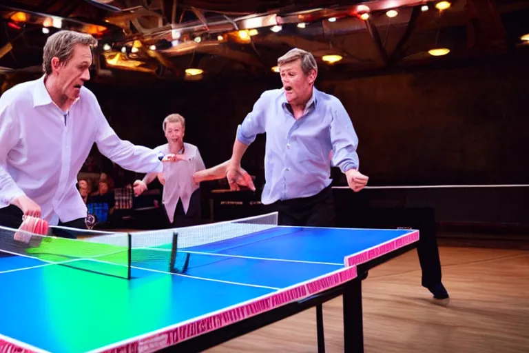 Image similar to Hugh Laurie and Stephen Fry playing table tennis, neon lighting