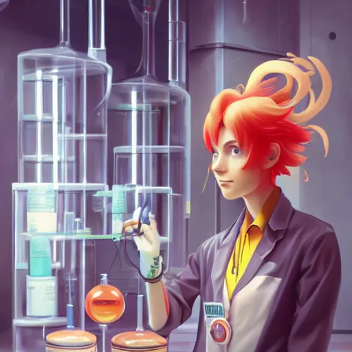 Image similar to British Pokemon original character with wild peach colored hair and heterochromia, Pixar style, beautiful woman, scientist, standing in a lab in front of a giant containment liquid filled tank, by Tristan Eaton Stanley Artgerm and Tom Bagshaw, Makoto Shinkai ilya kuvshinov and Wojtek Fus