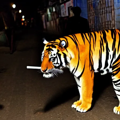 Image similar to photograph of a tiger smoking a joint in the streets of Dhaka at night