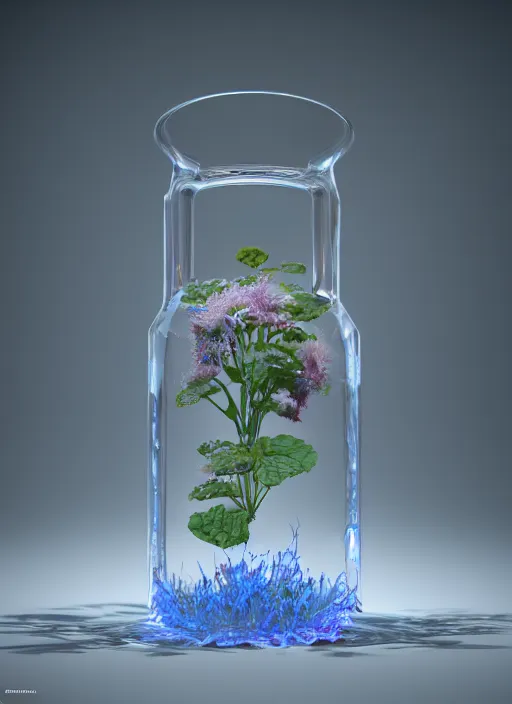 Prompt: magic glass flasks predatory living flower with small sharp teeth inside, realistic, intricate, elegant, rendered in octane caustics subsurface scattering render 8 k