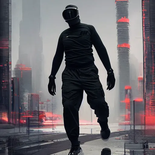 Image similar to A broad shouldered, muscular man in a Acronym Riot Division Nike techwear outfit, Acronym P31-ds pants, trending on r/techwearclothing, high quality, digital art, cyberpunk city, Summer, greg rutkowski