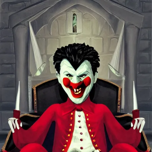 Image similar to a vampire sitting on a throne in his castle during the american revolution. he is surrounded by paintings and is wearing a bright clown emoji mask. character design by john and ai