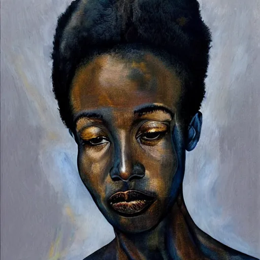 Image similar to a painting of a elegant, well fed, smooth-chinned, long nose, African elder with few eyebrows by Wangechi Mutu . thinker without facial hair, thoughtful, focused, visionary, calm, jovial, loving, fatherly, generous, . dramatic angle, ethereal lights, details, smooth, sharp focus, illustration, realistic, cinematic, artstation, award winning, rgb , unreal engine, octane render, cinematic light, macro, depth of field, blur, red light and clouds from the back, highly detailed epic cinematic concept art CG render made in Maya, Blender and Photoshop, octane render, excellent composition, dynamic dramatic cinematic lighting, aesthetic, very inspirational, arthouse.