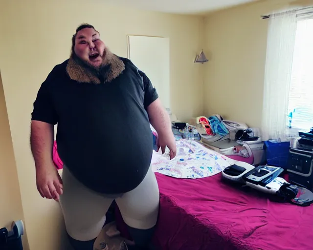 Image similar to very fat man connected to a cpap machine. messy bedroom