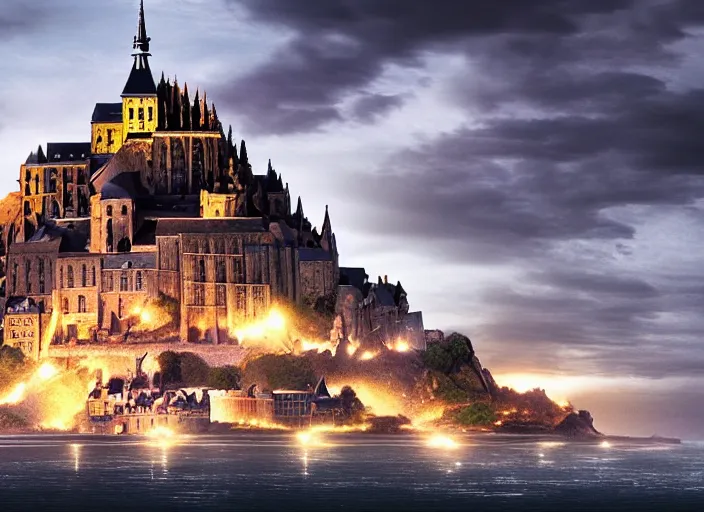 Image similar to landscape of Mont Saint-Michel under attack by dragons, highly detailed digital art, 8k Octane