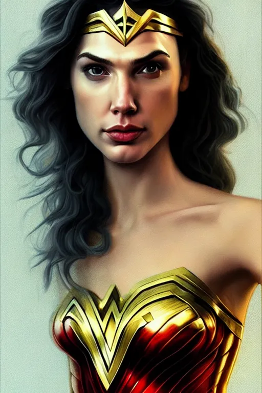 Image similar to Portrait of a beautiful pale skin Nordic female gal gadot as a wonder woman, elegant, photorealistic, highly detailed, artstation, smooth, sharp focus, gold ornaments, neon lighting, sci-fi, art by Klimt