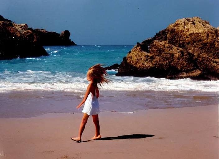 Prompt: 90's Professional Color Photography, Nikon, A girl in white walking on the beach, Summer