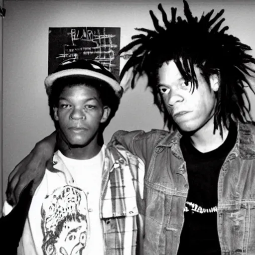 Image similar to of a photo of jean - michel basquiat and kurt cobain in basquiat ’ s studio, photorealistic,