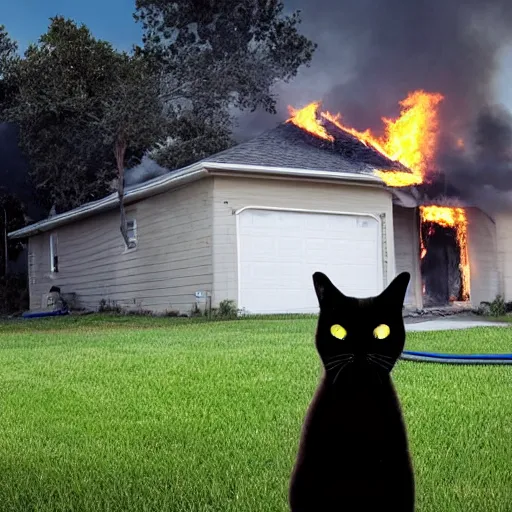 Image similar to an adorable ominous cat sitting in the yard of a two story home that is blazing on fire in the background behind the cat, real photo, evening