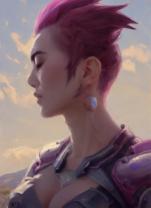 Image similar to portrait of VI from League of Legends after work, countryside, calm, fantasy character portrait, dynamic pose, above view, view from above, sunny day, thunder clouds in the sky, artwork by Jeremy Lipkin and Giuseppe Dangelico Pino and Michael Garmash and Rob Rey, very coherent symmetrical artwork, sharp edges, perfect face, simple form, 100mm