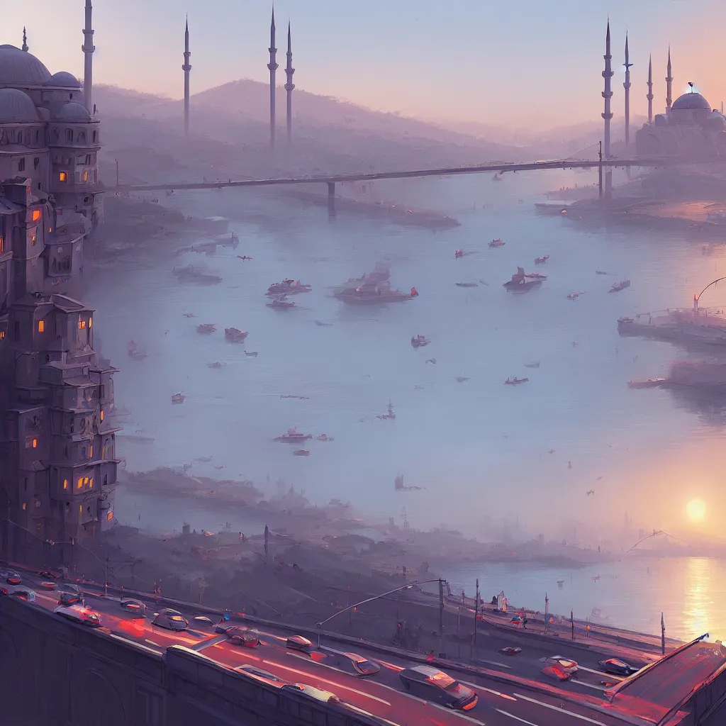 Image similar to a cinematic scene from istanbul bridge, concept art by nick ford and sylvain sarrailh,