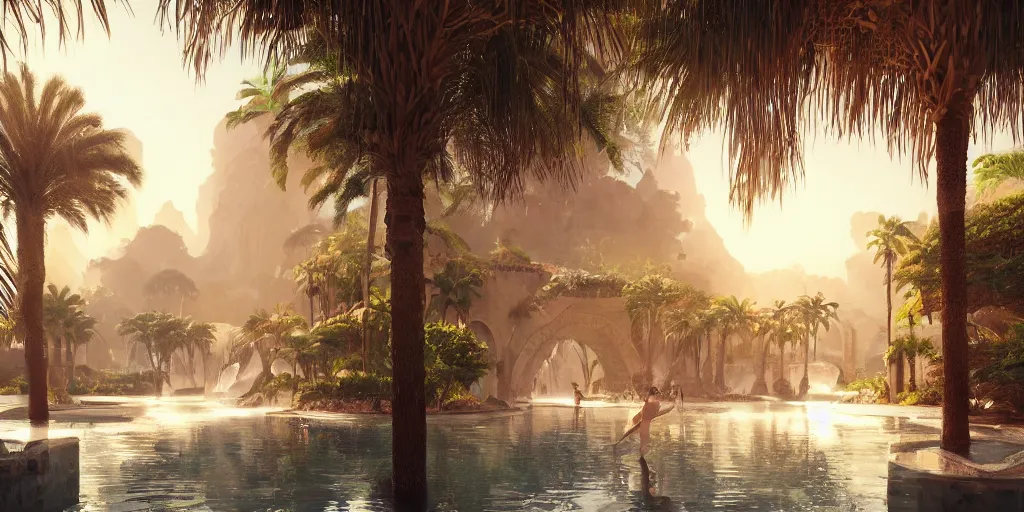 Image similar to beautiful oasis waterfalls surrounded by palm trees moroccan tile archways, date trees, ivory towers sunset peter morbacher ross tran angelarium greg rutkowski alchemy luxury heavenly light soft illumination, trending on artstation cinematic lighting digital painting octane render, artgerm