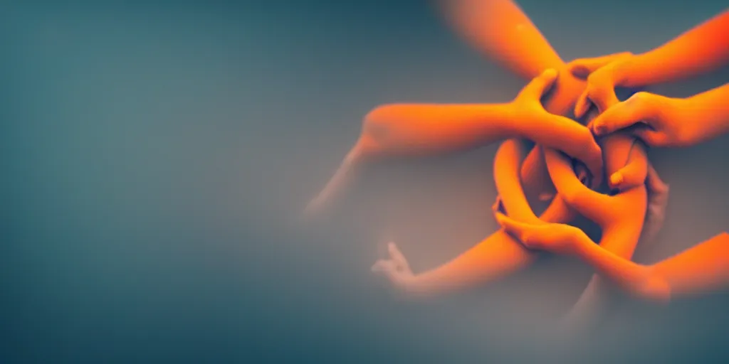 Image similar to a blurry closeup picture of gorgeous human bodies intertwined, female bodies, hands, dripping wet, macro photography, long exposure photograph, surrealism, anamorphic bokeh, cozy, soft light, cyan and orange, caustic, atmospheric fog, octane render, cinematic