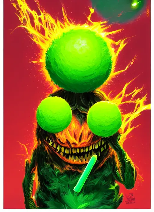 Image similar to tennis ball monsters playing tennis, a tennis ball monster ,tennis ball,amazing, lasers, explosions, fire, digital art, fantasy, magic, trending on artstation, ultra detailed, professional illustration,chalk, poster artwork by Basil Gogos , clean