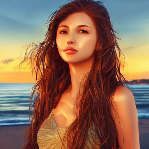 Image similar to portrait of beautiful woman on the beach, brown eyes, sunset, highly detailed, by wlop, rossdraws, artgerm.