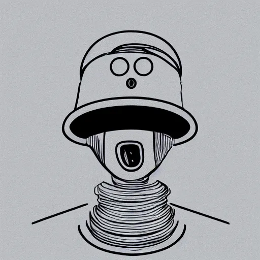 Prompt: a robot wearing a bucket hat, his head looks like a TV