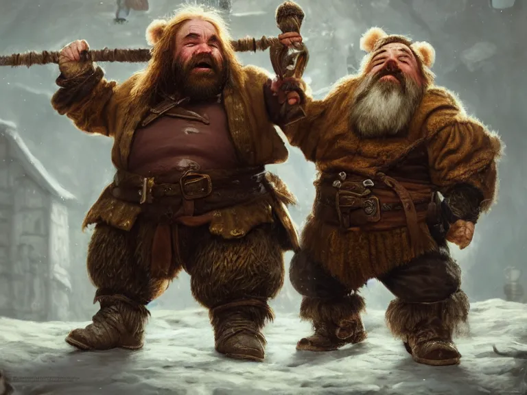 Image similar to Drunk Dwarf and his Bear start a fight at the Tavern, RPG Portrait, Oil Painting, Trending on Artstation, octane render, Insanely Detailed, 8k, HD