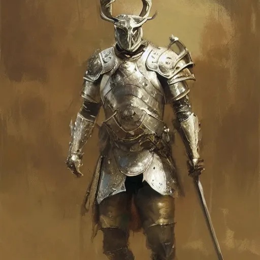 Image similar to portrait of a deer as a mighty warrior wearing silver armor, holding sword, by craig mullins, jeremy mann.