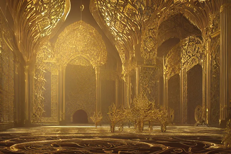 Image similar to Fantasy Asian inspired royal throne room with infinitely high ceilings, infinitely long corridors, gilded and bejeweled, natural lighting, digital painting, concept art by Shaddy Safadi