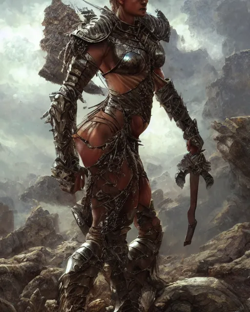 Image similar to muscular female warrior princess wearing heavy plate armor, robust stocky body, at the stone ruins, rpg artwork, hyperdetailed, hyperrealistic, soft light, imposing presence, pino daeni and dan mumford, artstation, intricate metal, smooth, sharp focus