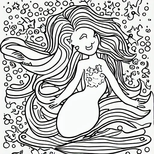 Prompt: A mermaid in the sea surrounded by some fishes, Coloring for toddlers, Outline with high quality