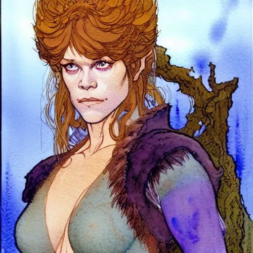 Image similar to a realistic and atmospheric watercolour fantasy character concept art upper body image of a young jane fonda in her 2 0 s posing as a druidic warrior wizard looking at the camera with an intelligent gaze by rebecca guay, michael kaluta, charles vess and jean moebius giraud