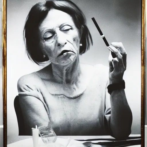 Image similar to overpainted photography portrait of a woman smoking a cigarette at a table by gerhard richter and cindy sherman, dim light, black and white