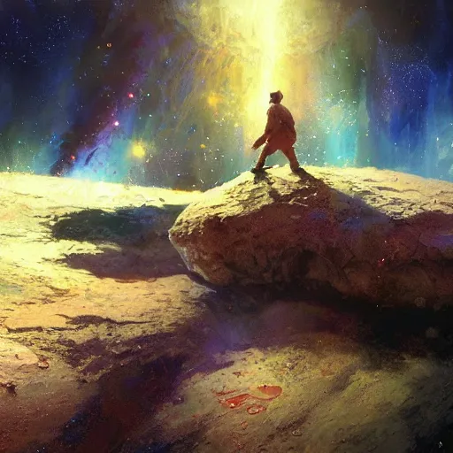 Image similar to a man lost in space, lonely, beautiful, cosmic, craig mullins, colourful