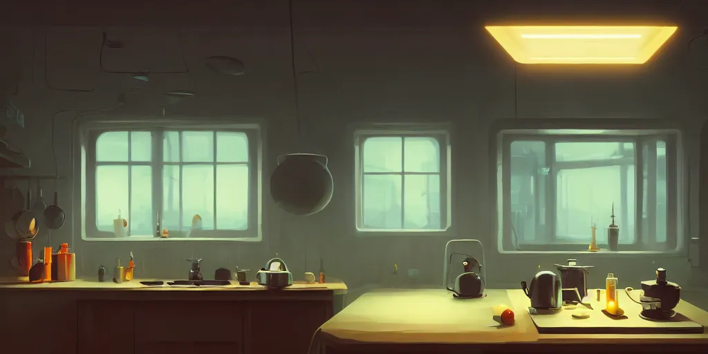 Image similar to minimalistic kitchen dim lit by a candle simon stalenhag gerald brom bastien grivet, fisheye camera, extreme perspective