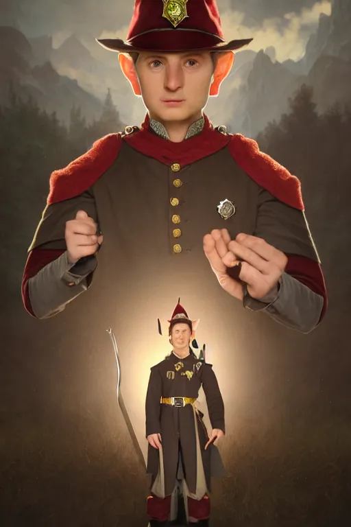 Prompt: a shifty high fantasy lord of the rings elf mall cop with a sheriff's badge, Oil Painting, hyperrealistic, octane render, Detailed Digital Art, RPG portrait, 3/4 bust, William-Adolphe Bouguereau, Michael Cheval, dynamic lighting, Highly Detailed, Cinematic Lighting, 8k, HD
