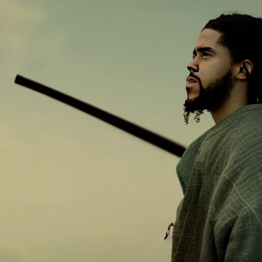 Prompt: cinematic film still of J Cole starring as a Samurai holding fire, Japanese CGI, VFX, 2022, 40mm lens, shallow depth of field,film photography