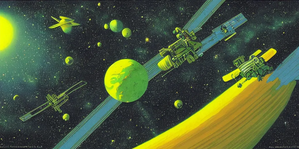 Image similar to A 1970s space station floating over a green and yellow planet in space, detailed illustration, Moebius